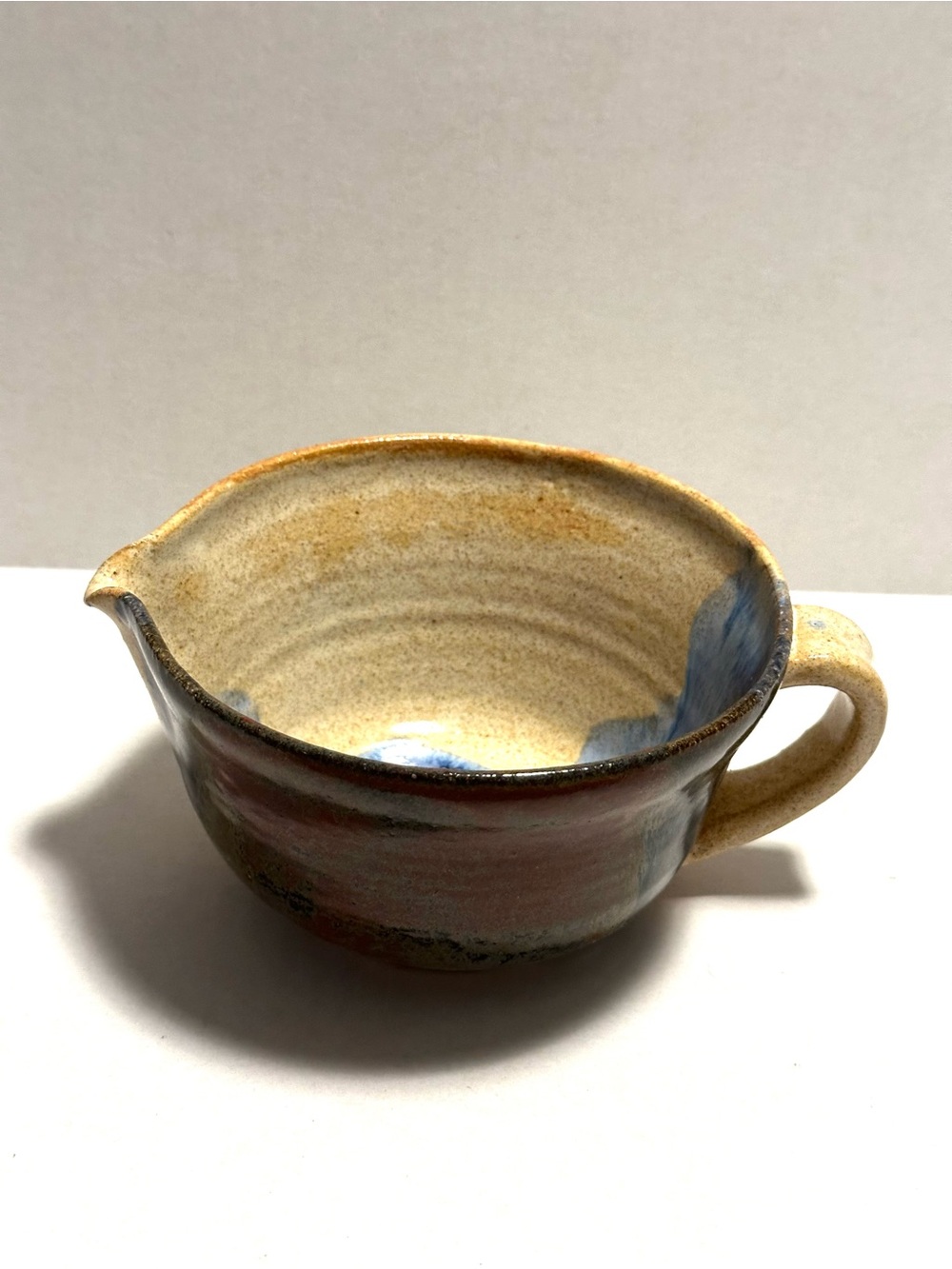 Handcrafted Studio Pottery Ceramic Batter Bowl Pitcher with Blue Glaze Accent